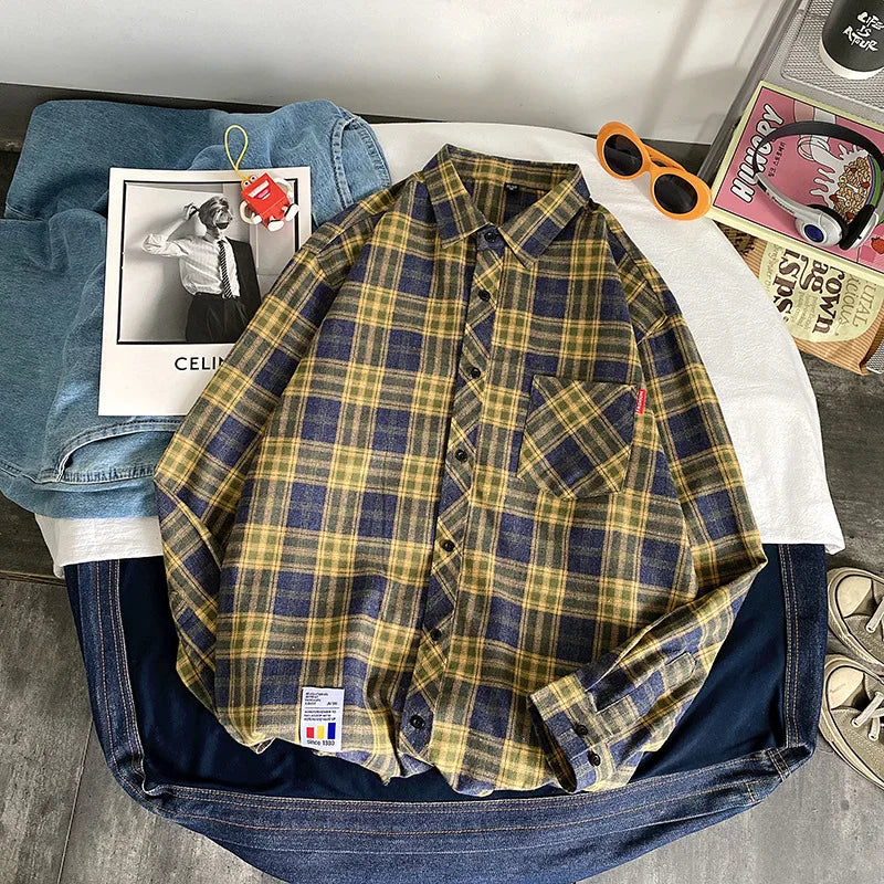 Men Shirt Plaid Flannel Long Sleeve Plus Size Loose Hip Hop Street Mens Casual Shirt Oversized Male Soft Dress Shirt Dropshippig