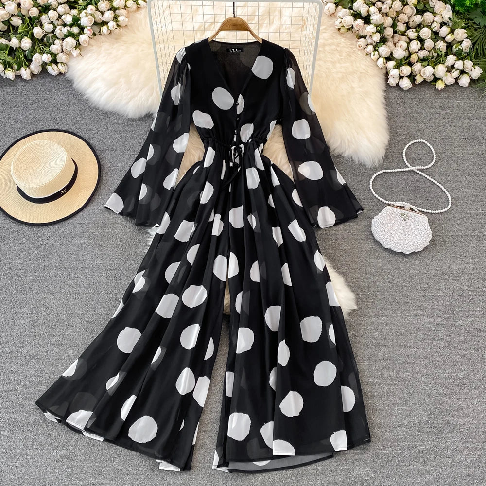 Flared Sleeve Polka Dot Print V-Neck Jumpsuit Wide Leg Jumpsuit