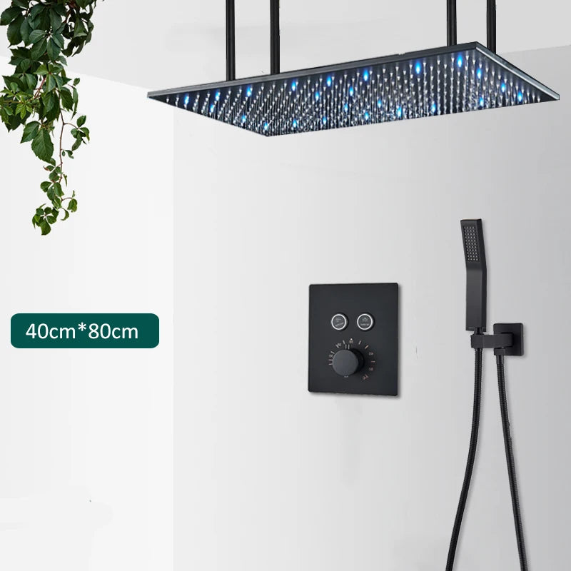Luxury Black LED Thermostatic Shower Faucet Large Rain Waterfall Shower System Button Control Thermostatic Mixer Tap Bath Shower