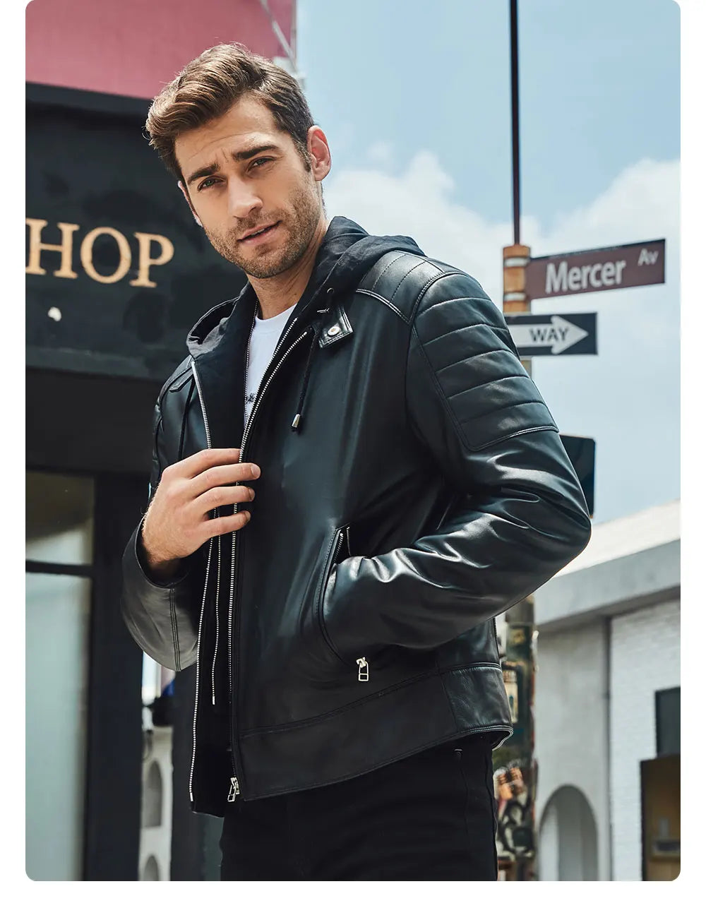 FLAVOR Men's Leather Motorcycle Jacket Black Sheepskin Real Leather Jacket With Removable Hood