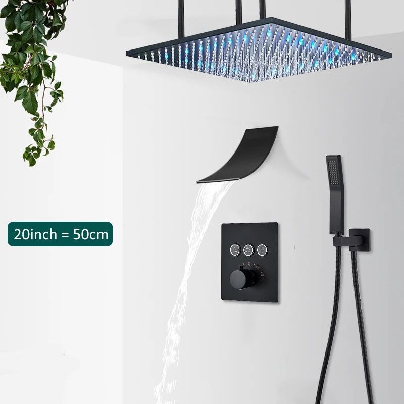 Luxury Black LED Thermostatic Shower Faucet Large Rain Waterfall Shower System Button Control Thermostatic Mixer Tap Bath Shower