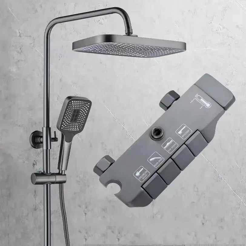 KAWAL Thermostatic Piano Key Rain Shower System Matte Black Wall Mounted Hot Cold Mixer Faucet Set with Handheld Spray