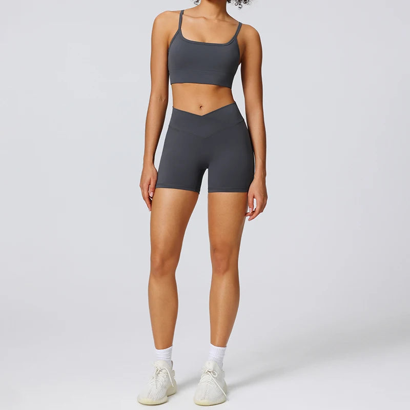 Tiktok Hot Female Quick-Drying Training Shorts Bra Set Sexy Sports Bra Crossover Waist Women Workout Shorts 2 Piece Gym Yoga Set