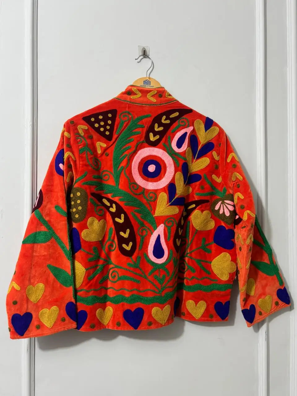 Handmade Sujani Embroidered Knitted Breathable Cotton Quilted Bomber Jacket Boho Folk Art Sustainable Winter Letter Wool