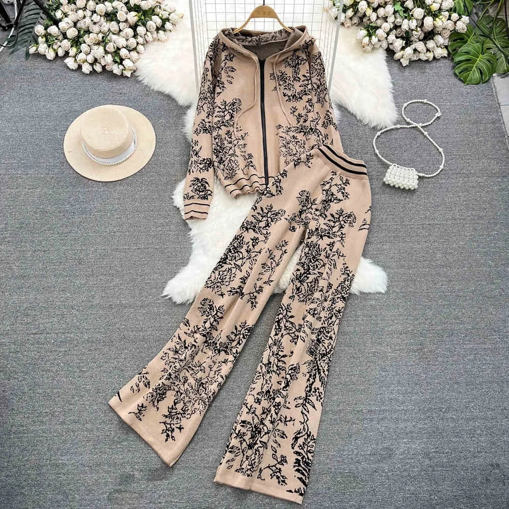 Fashion Suit Women'S Fall Winter Zipper Hooded Knit Sweater Pants Two Piece Set