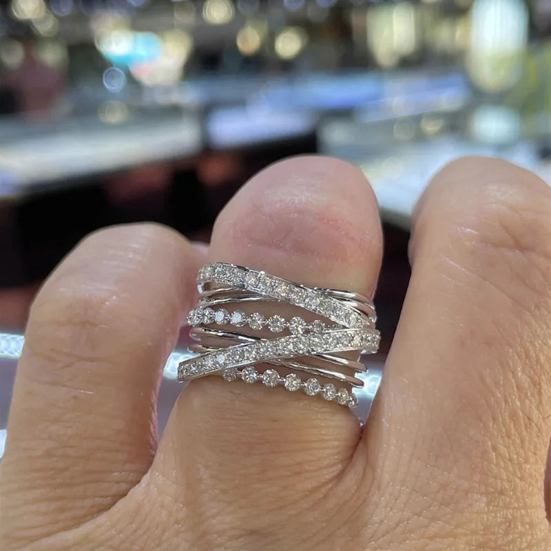 Q345 Women's Diamond Eternity Band Rings Geometric Pave Setting Round Natural Stone Wedding Fashion Rings