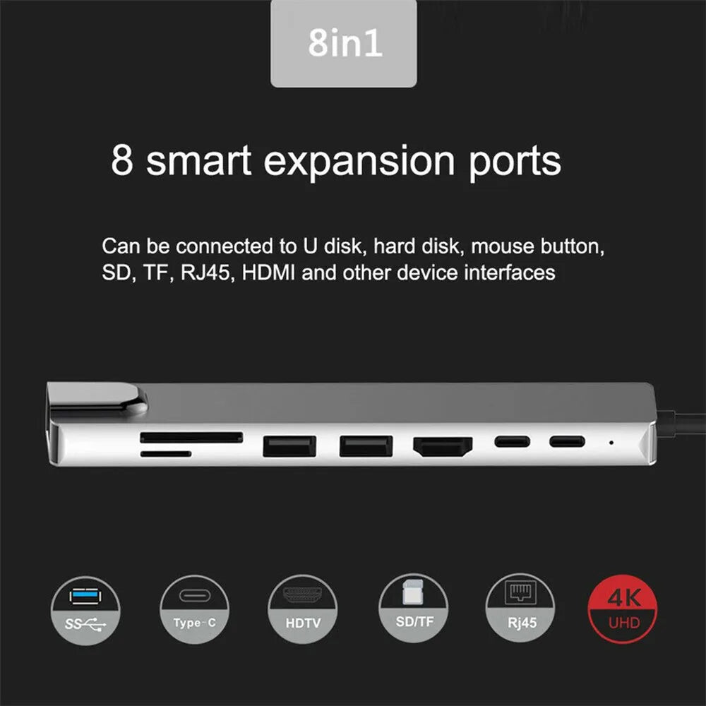 USB Type c Hub 8 in 1 Compatible USB C Hub 8 Port Multi Function Con Ethernet for  Laptops