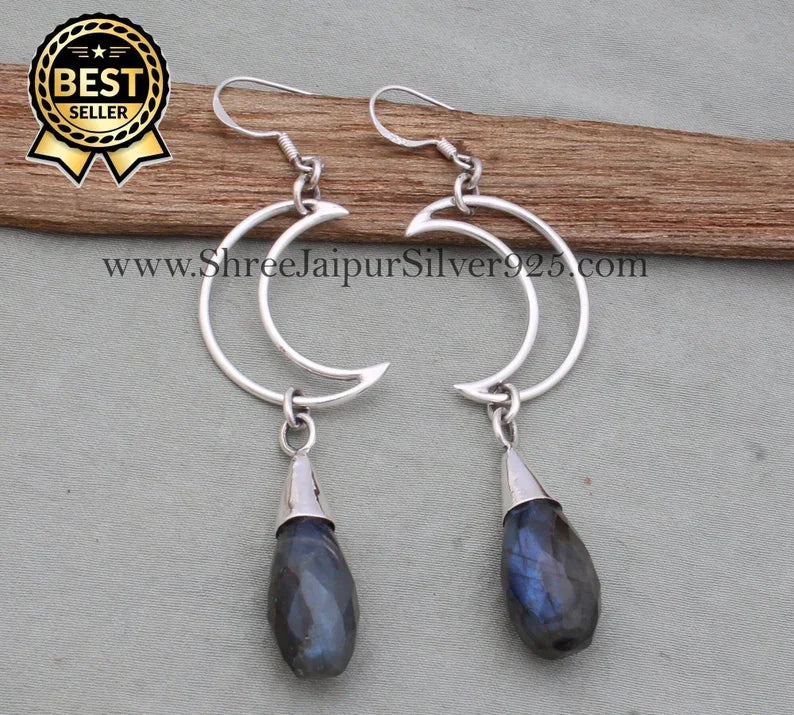 Handmade 925 Sterling Silver Labradorite Teardrop Hoop Earrings for Women Rhodium Plated Minimalist Bezel Setting Wedding Fine