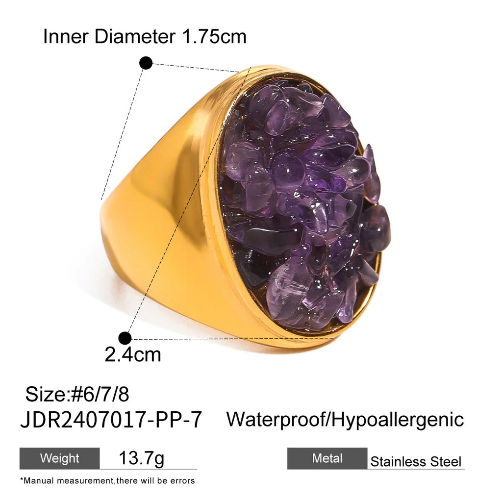 Stainless Steel Shine Inlaid Natural Crystal Geometric Rings Stainless Steel Skin-Friendly 18K Gold-plated Waterproof Jewelry
