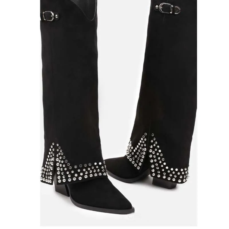 Designer Luxury Women's Over-the-Knee & Knee-High Western Snow Boots Thick Heel Rhinestone Decorated High Fashion Winter Shoes