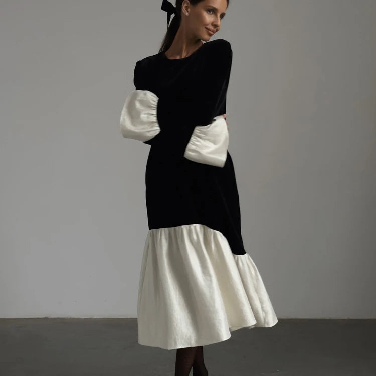 Color Contrast Patchwork Back Neck Buttoned Flared Sleeve Black Long Elegant Autumn Dresses Women