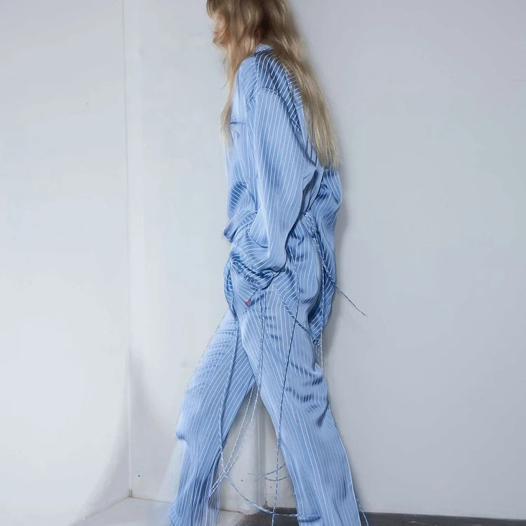2024 New Fashionable Satin Blue Striped Long Sleeve Belted Shirt Wide Leg Long Pants 2 Piece Outfit Set Woman Pants and Shirt