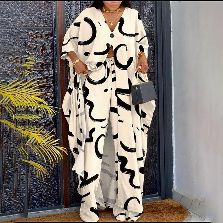 V-neck Shirt Blouse Pants Two Piece Set Women Clothing Loose Printed Long Sleeve Lady Casual Summer Sets for Women Clothing