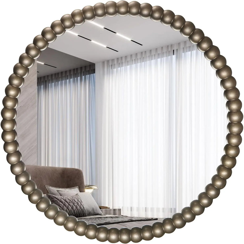 WallBeyond 1-Piece 28-Inch Round Wood Silver Bead Mirror Retro Style Framed Wall Mount Decor for Home Entryway Living