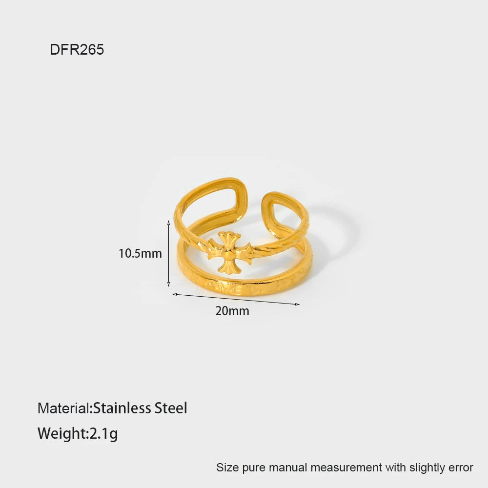 Geometric Jewelry 18K Gold Plated Finger Ring Stainless Steel Chain Starfish Ginkgo Leaf Layer Opening Stacking Rings Gift
