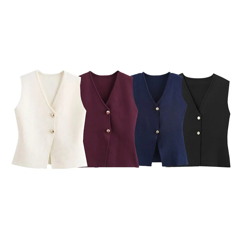 ZATRHMBM Women's 2024 Summer Fashion Gold Button Trim Knitted Vest Top Retro Sleeveless V-neck Elegant Casual Ladies Vest