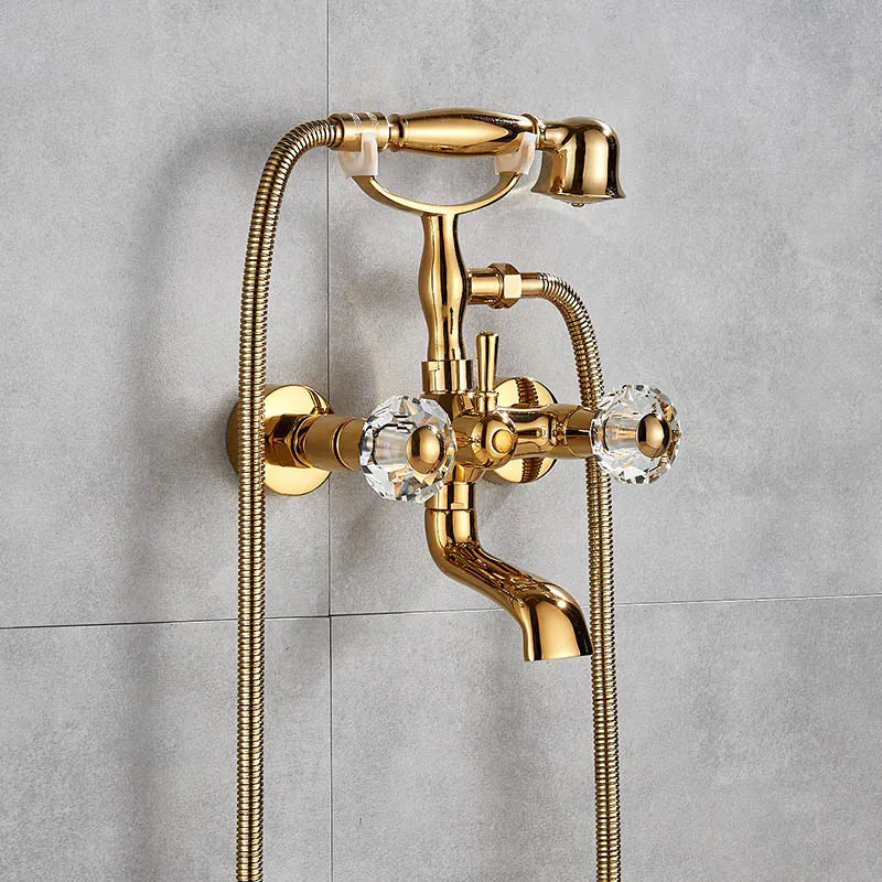 Telephone Style Golden Waterfall Bathtub Faucet Bathroom Brass Bath Faucets Waterfall Rotatb Spout Hot&Cold water Shower tap set