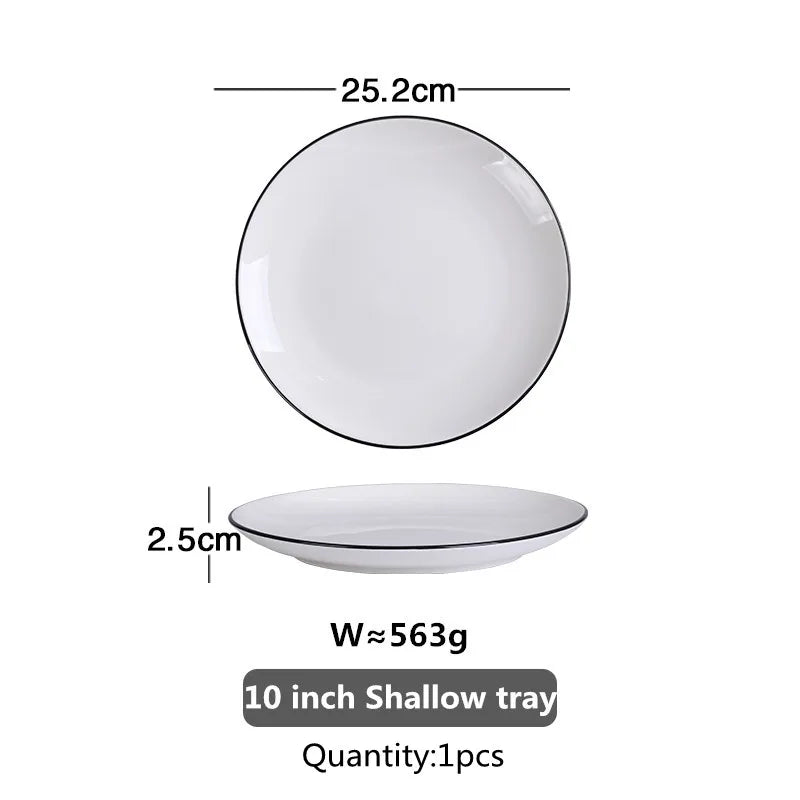 Black Rim White Ceramic Dinner Tray, Kitchen Plate, Tableware, Food Dishes, Soup Bowl,  Kitchen Cook Tool, 1 Piece Sale
