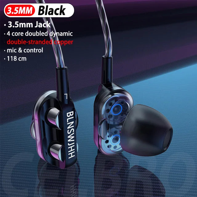 Dual Drivers Wired Earphone Four Core Dynamic HIFI Earphone Super Base Line Control With Mic Speaker Headsets for Huawei Xiaomi