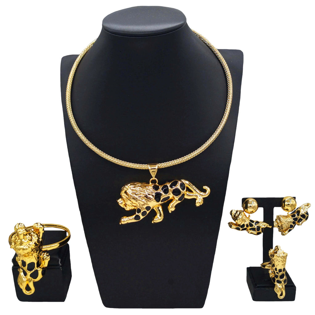 Zhuerrui Fashion Personality Brass Ring Jewelry Set Cheetah Pendant Hip Hop Bracelet Men's and Women's Party JewelryHK003122
