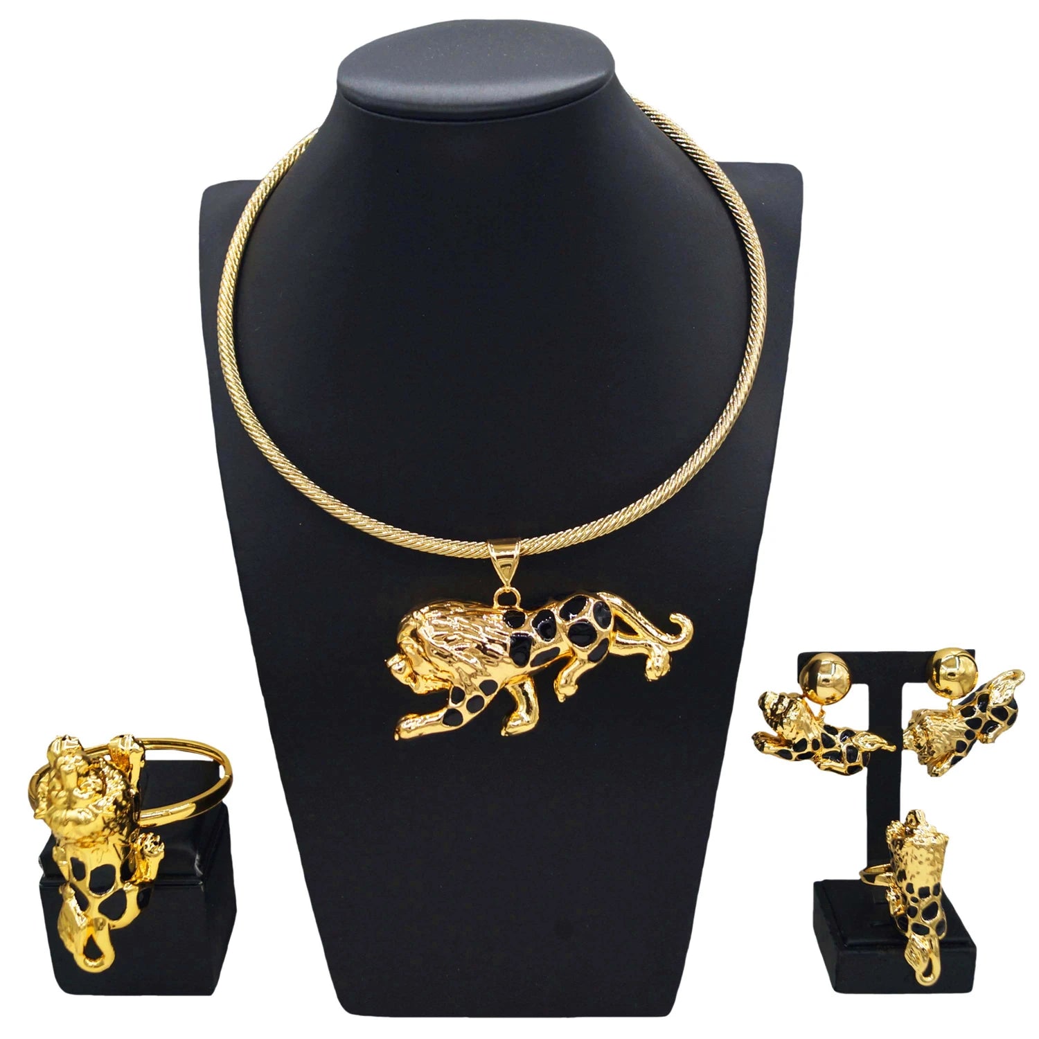 Zhuerrui Fashion Personality Brass Ring Jewelry Set Cheetah Pendant Hip Hop Bracelet Men's and Women's Party JewelryHK003122