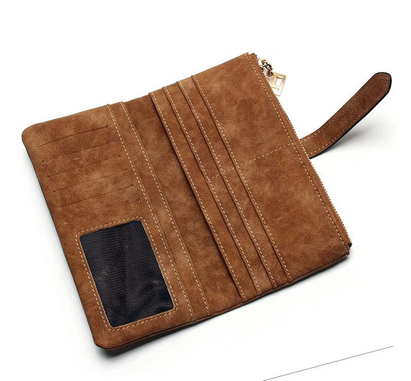 Vintage Women Long Standard Wallets Purse Fold Drawstring Nubuck Leather Zipper Suede Bag Female Simple Design Clutch Handbags