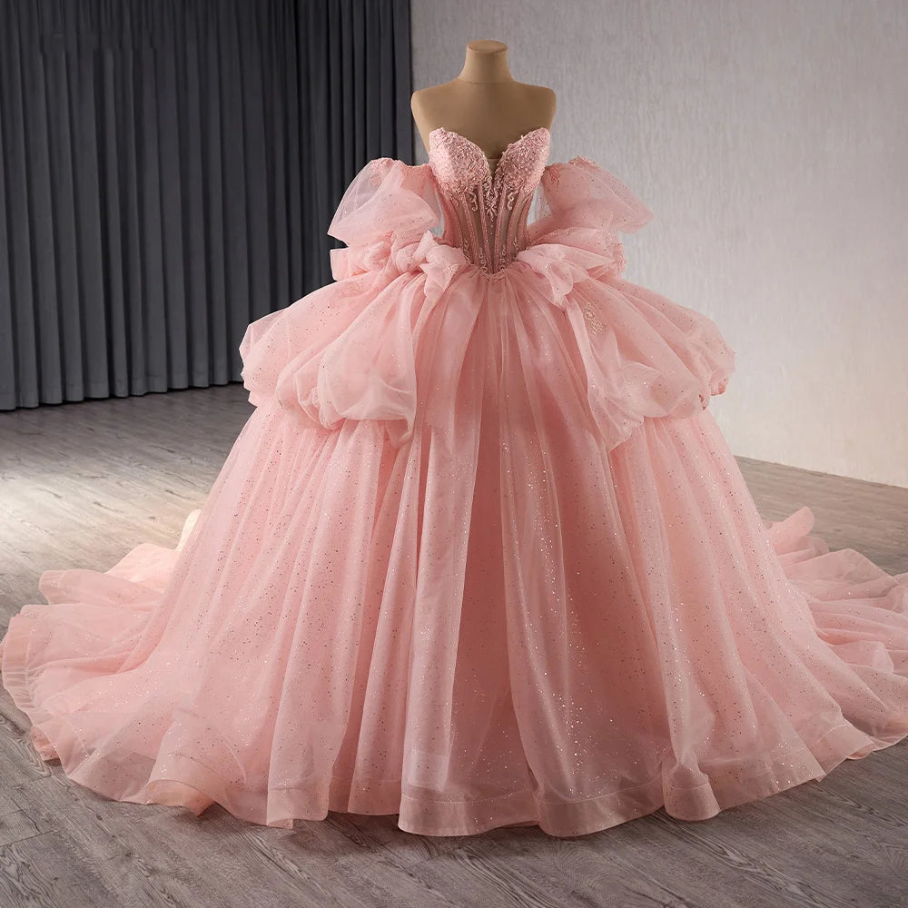 Glitter Pearls Pink Quinceanera Dresses Puff Sleeves Ball Gowns Sweet 15 16 Birthday Dress Rsm241101