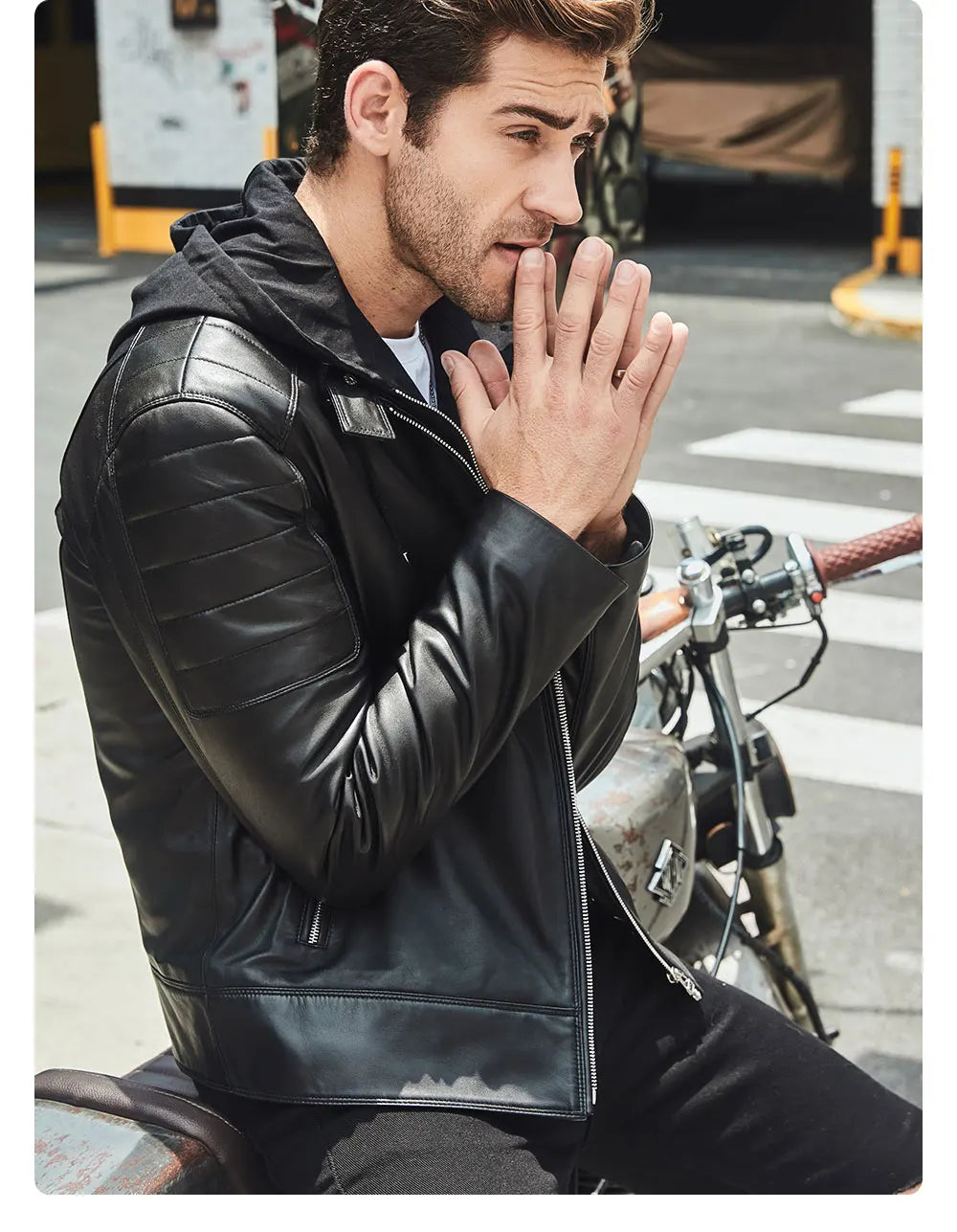 FLAVOR Men's Leather Motorcycle Jacket Black Sheepskin Real Leather Jacket With Removable Hood
