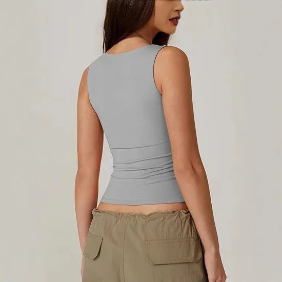 Women Girls Sleeveless Vest T-shirt Solid Color Square Neck Yoga Sports Sleeveless Tank Tops Base Casual Slim Vest