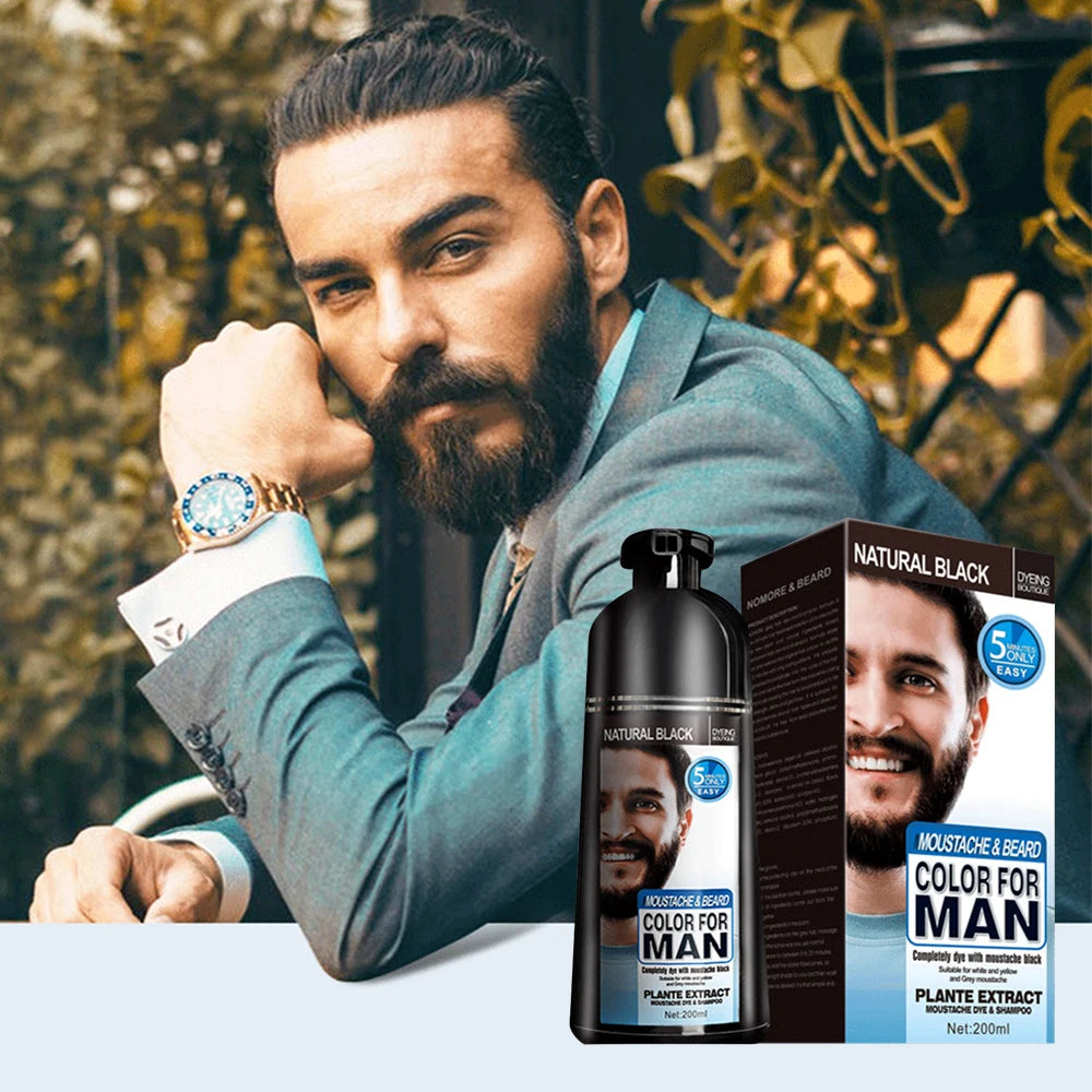 200ml Natural Long Lasting Permanent Black Beard Dye Shampoo For Men Beard Dying Removal White Gray Beard Hair