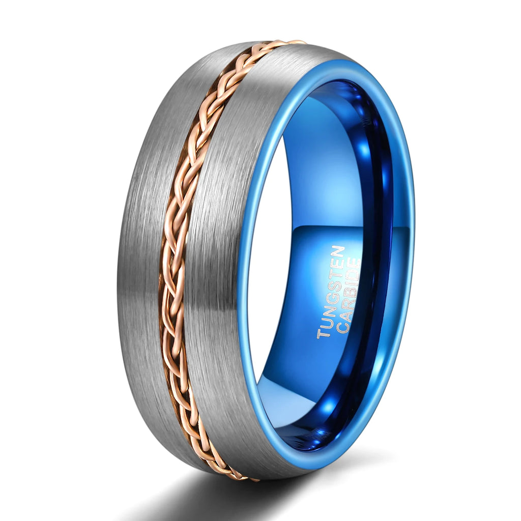 OAHLAN Tungsten Carbide Rings Wholesale Steel Chain Inlay 8mm Bands Blue Plated Brushed for Men's Wedding/Engagement/Dating