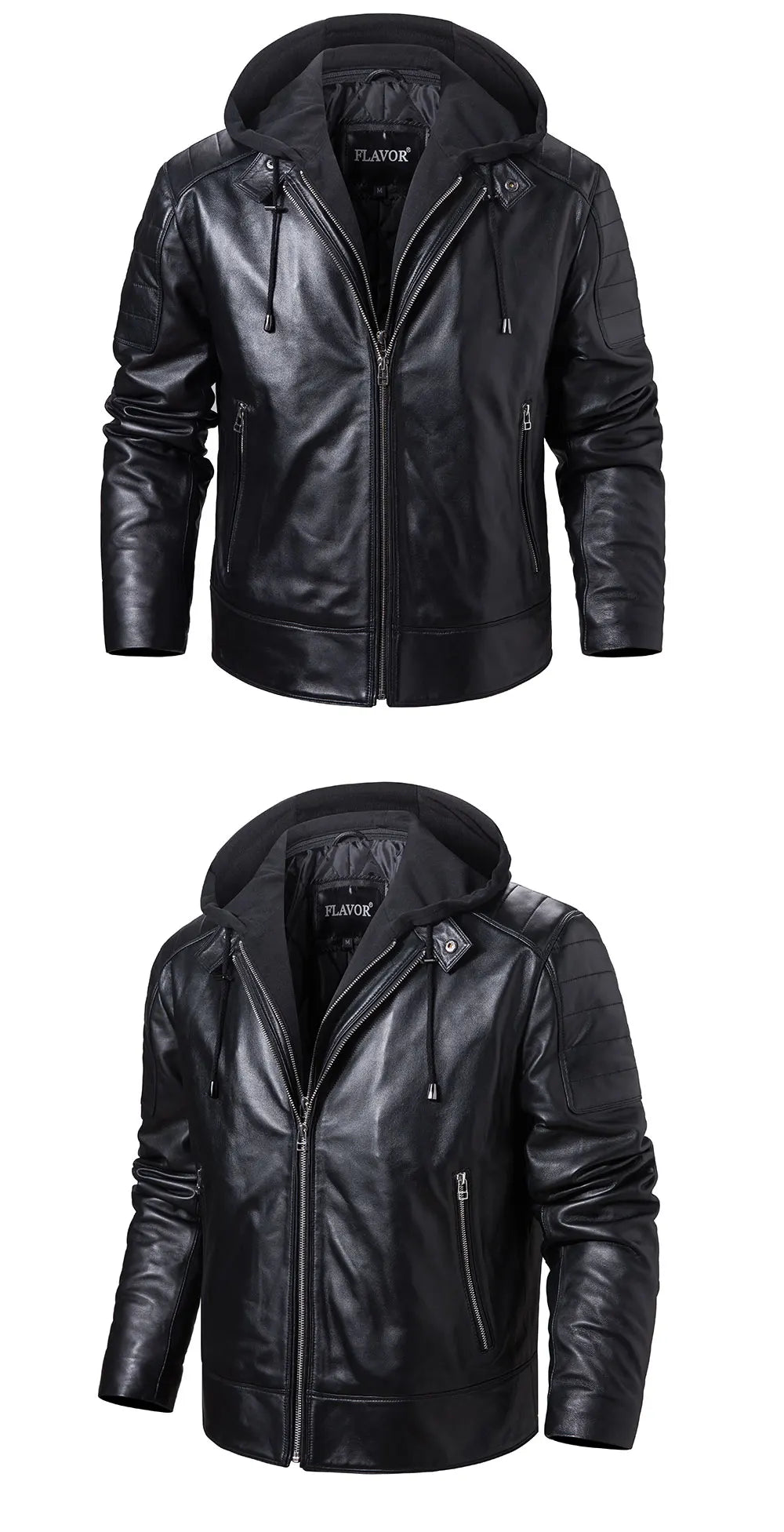 FLAVOR Men's Leather Motorcycle Jacket Black Sheepskin Real Leather Jacket With Removable Hood