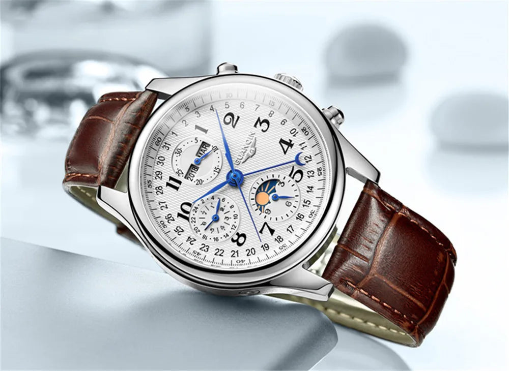GUANQIN Leather Steel Mechanical Sapphire Men Watches Top Brand Luxury Waterproof Automatic Wristwatch Calendar Moon Phase
