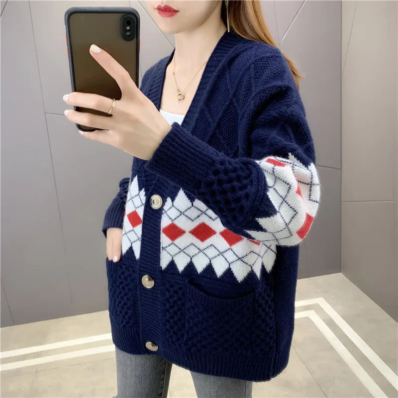 Women's Korean Style V-Neck Cable Knit Oversized Loose Sweater Coat Custom Fit with Front Logo Long Sleeve