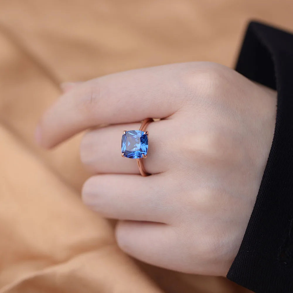 Luxury High Quality Silver Ring 925 Sterling Jewelry Rose Gold Plated Cushion Sapphire Blue Zircon Gemstone Rings Jewelry Women