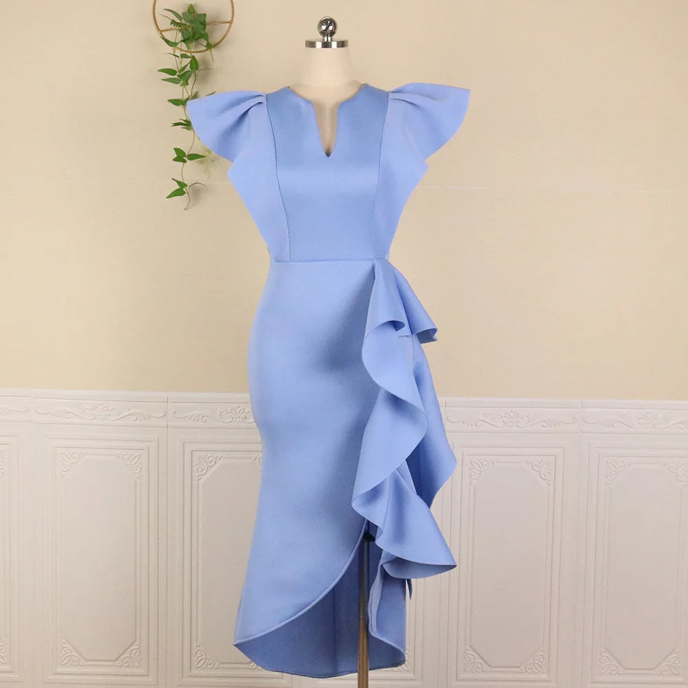 4XL Plus Size Women Club Fashion V-neck Puff Short Sleeves Slimming Knitted Ruffle Mermaid Long Dress