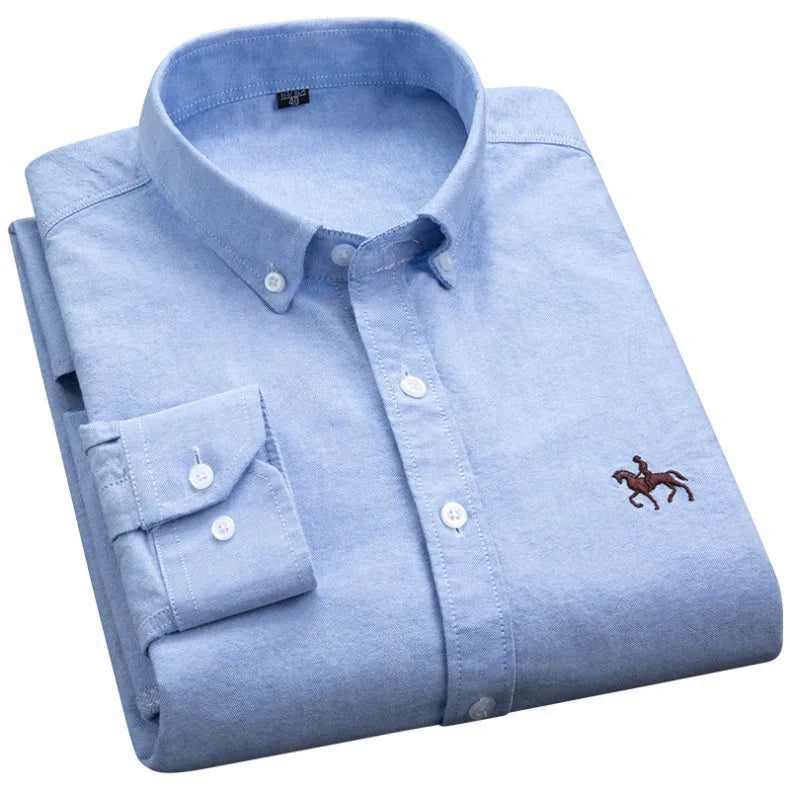 S-6XL Oxford Shirts for Men Long Sleeve Pure Cotton Solid Stripe Leisure Embroidered Horse Streetwear Business Plain Office 6XL