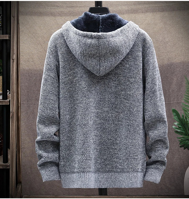 Autumn Winter Men's Sweaters Hooded Knit Cardigan Korean Sweaters Jacket Fleece Lined Hoodies Windbreaker Coat