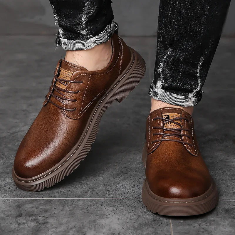 Men's British Style Leather Loafers Toe Anti Slip Rubber Sole Spring Casual Dress Shoes Solid Pattern Genuine Leather Lining