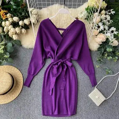 Autumn Winter Women Knitted Sweater Dress Korean Long Batwing Sleeve V Neck Elegant Dress Ladies Bandage Dresses