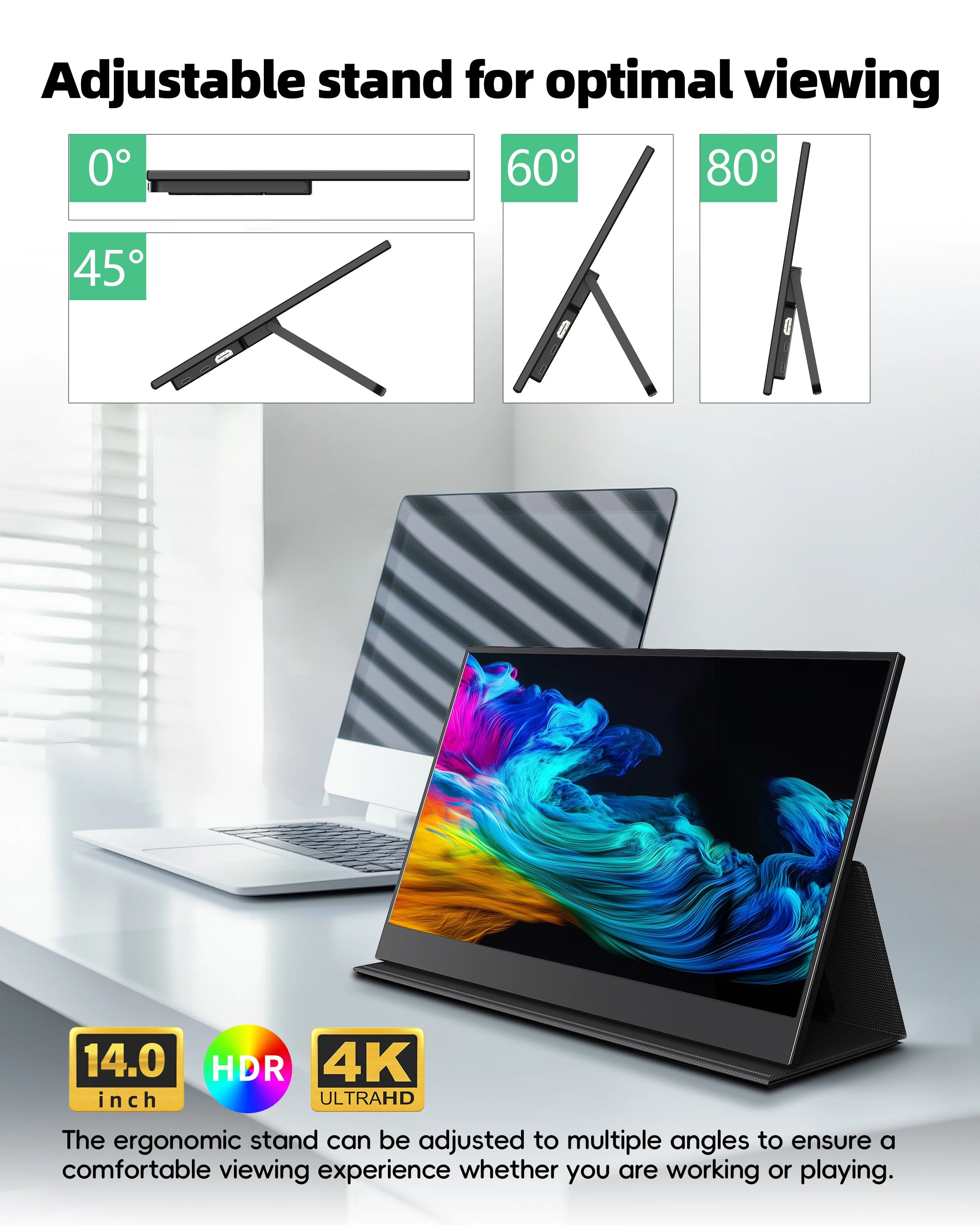 14 Inch 4K QHD IPS Screen Dual Speakers Type-C HD Mini Portable Monitor for Laptop