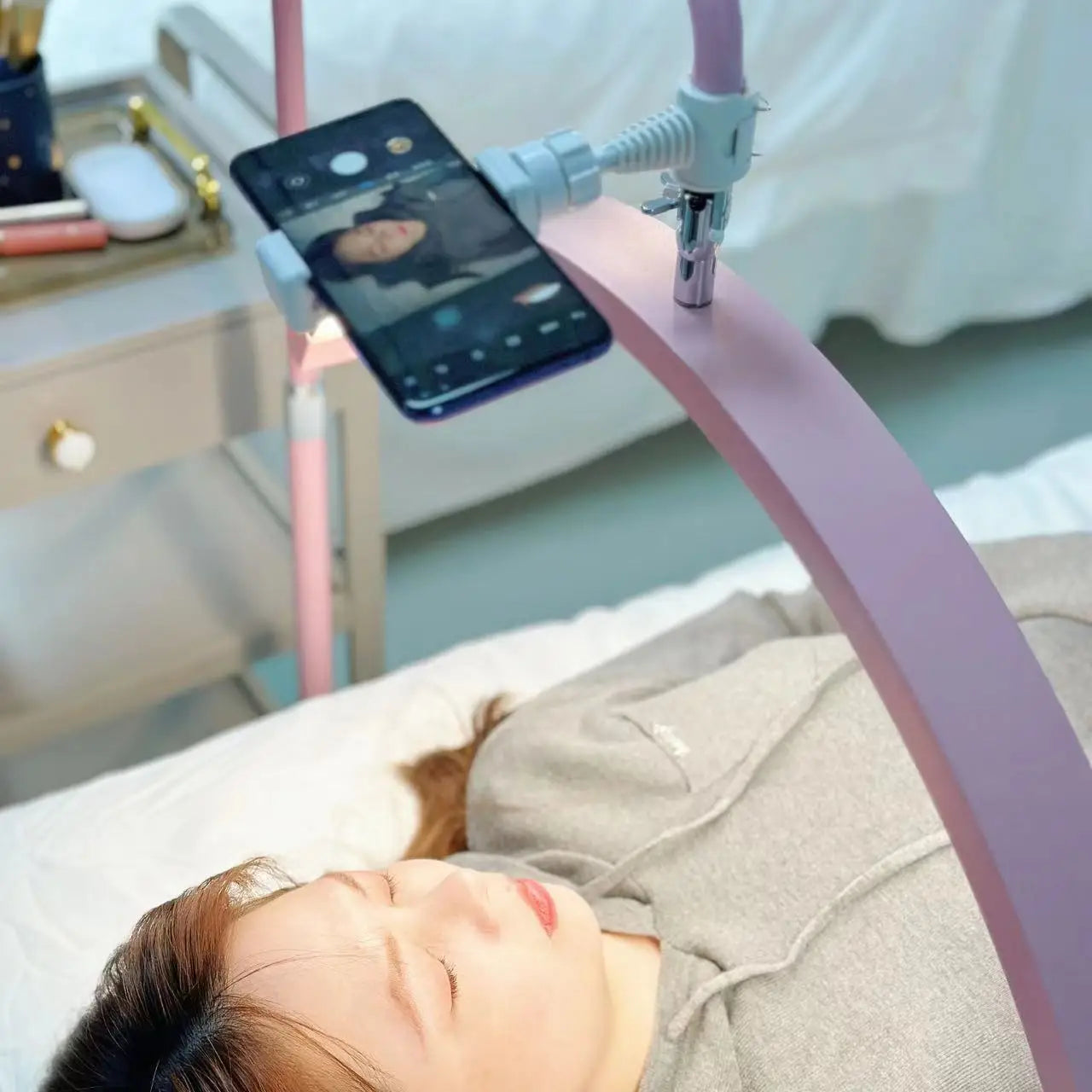 FOSOTO Golden Half Moon Eyelash Extension Light Floor Lamps for Lash Bed Ring Light With Stand Magnifying Lamp for Beauty