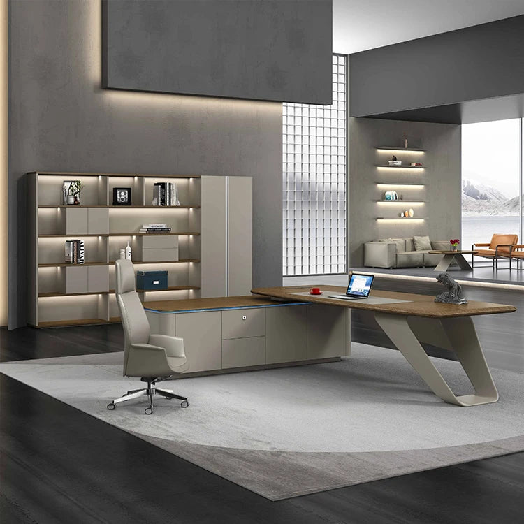 Luxury L-Shape MDF Wood Executive Office Desk with Side Cabinet Modern Design for Office Building Boss CEO Managers