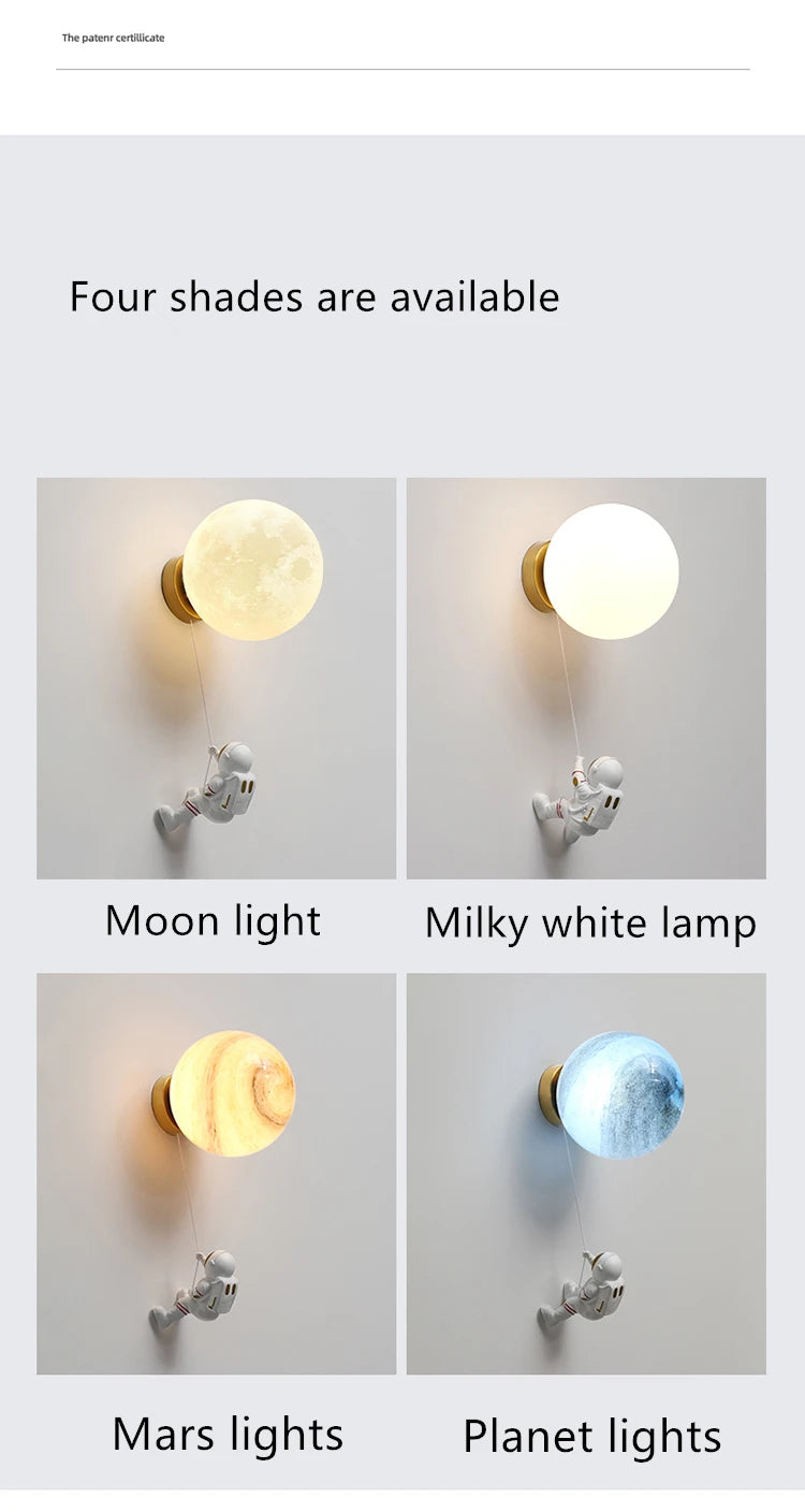Lunar Wall Lamp Nordic Creative Astronaut Children's Room Lamp Bedroom Bedside Lamp Cartoon Boy Girl Background Wall Lamp