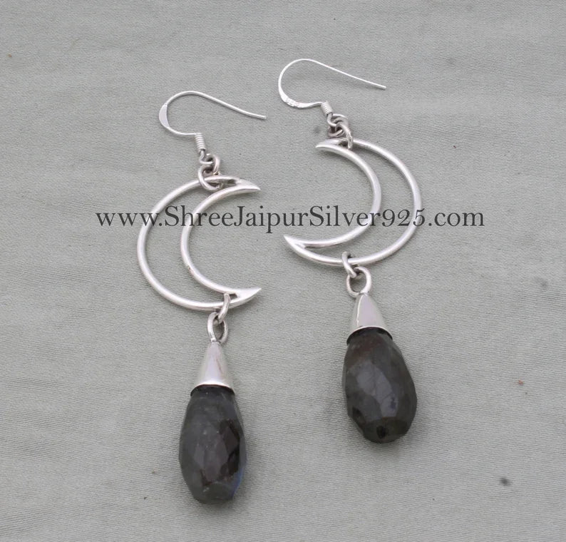 Handmade 925 Sterling Silver Labradorite Teardrop Hoop Earrings for Women Rhodium Plated Minimalist Bezel Setting Wedding Fine