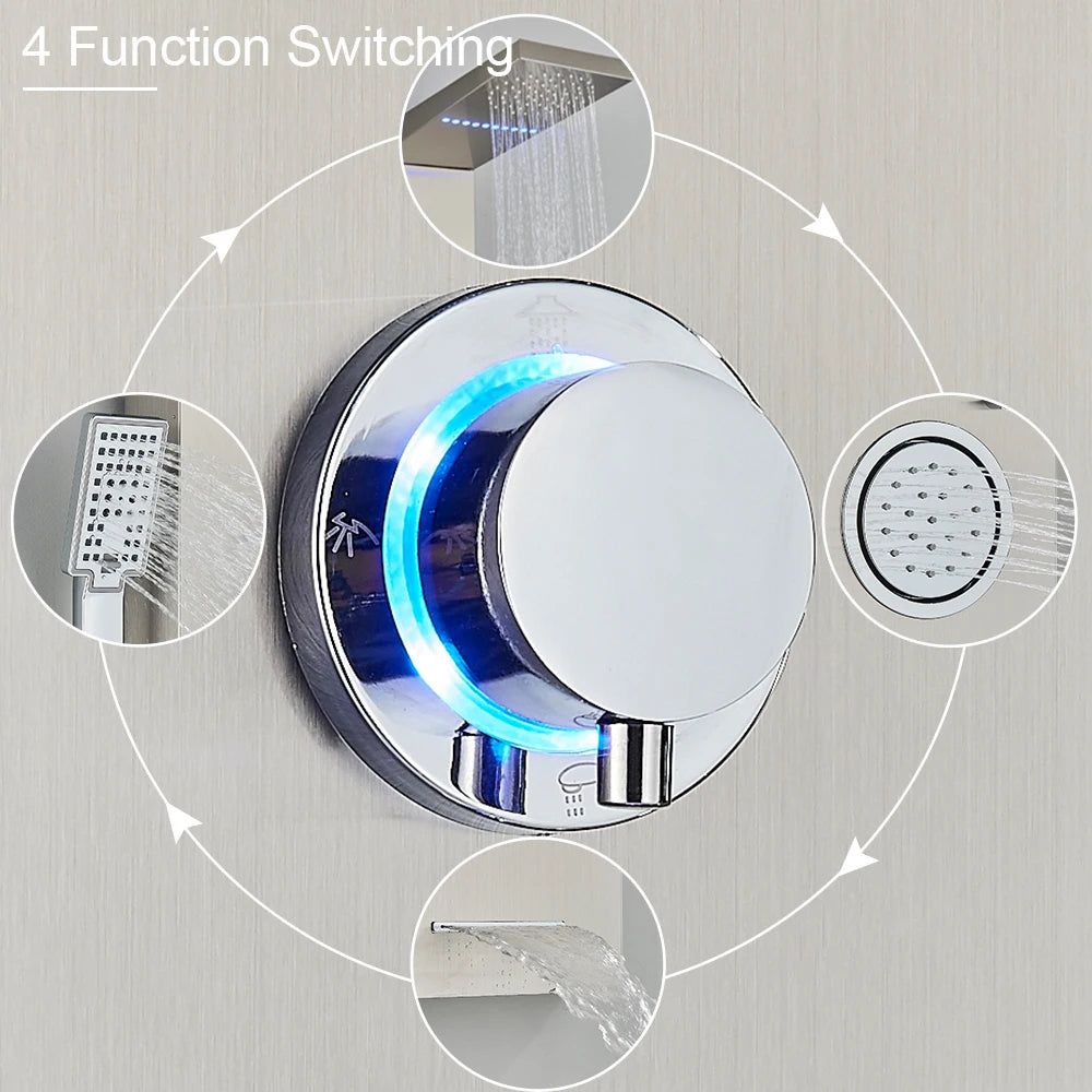 LED Shower Panel Waterfall Rain Digital Display Shower Faucet Set SPA Massage Jet Bathroom Column Mixer Tap Tower System