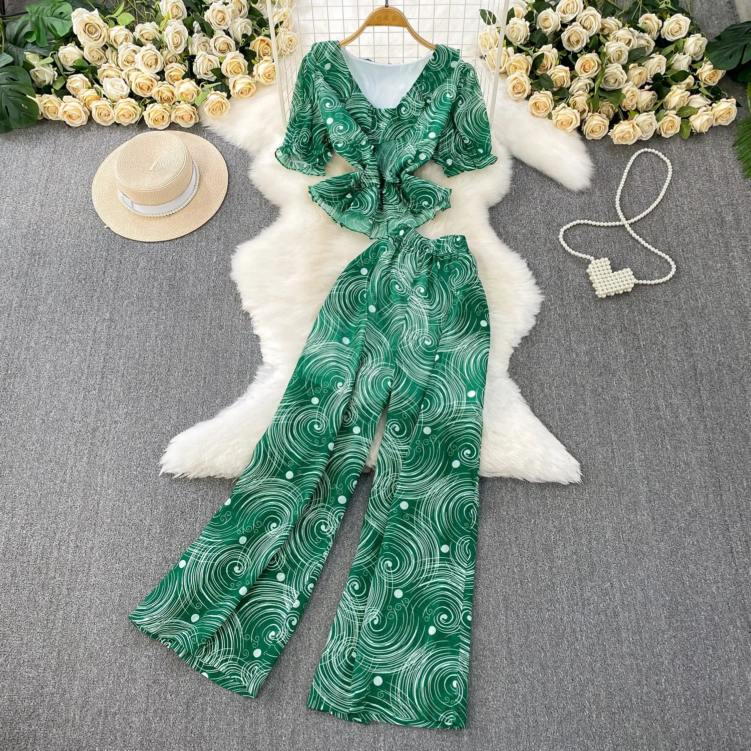 Lotus Leaf V-neck Short Sleeved T-shirt and High Waist Printed Chiffon Straight-leg Wide-leg Pants Two-piece Set