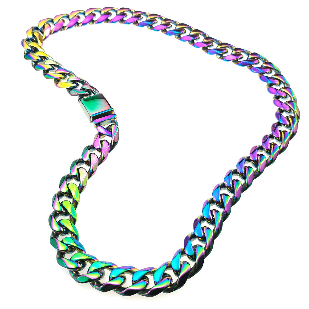 Nice Rainbow color  Mens Womens Cuban Link necklace Hip Hop Stainless Steel Chain Curb  9-16mm band width;18inch-30inch
