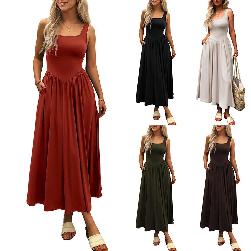 2025 Summer Women Tie Dye Midi Dress Square Neck Sleeveless Pleated Casual Beach Party Outfit