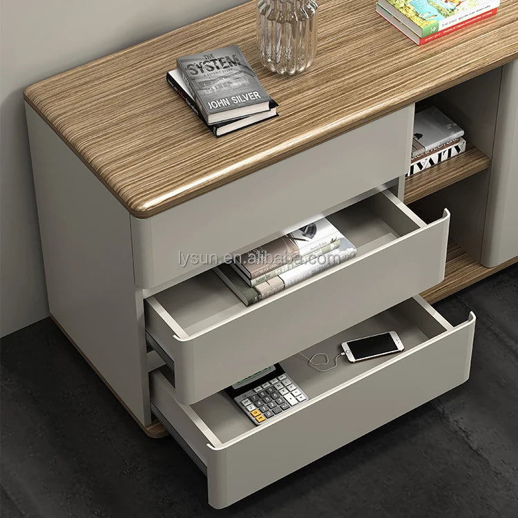 Luxury L-Shape MDF Wood Executive Office Desk with Side Cabinet Modern Design for Office Building Boss CEO Managers